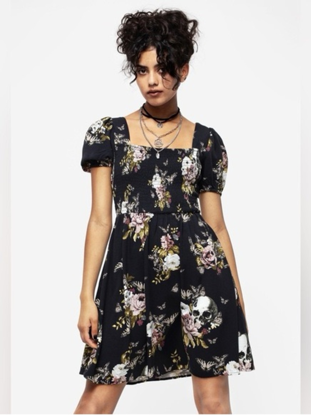 Disturbia Black Floral & Skull Puff-Sleeve Square-Neck Dress
